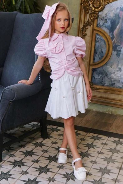 Kız Çocuk Balon Kol Üzeri Boydan Taş İşleme Asimetrik Kesim Pudra Gömlek Çiçek Motifli Etekli Takım - 10