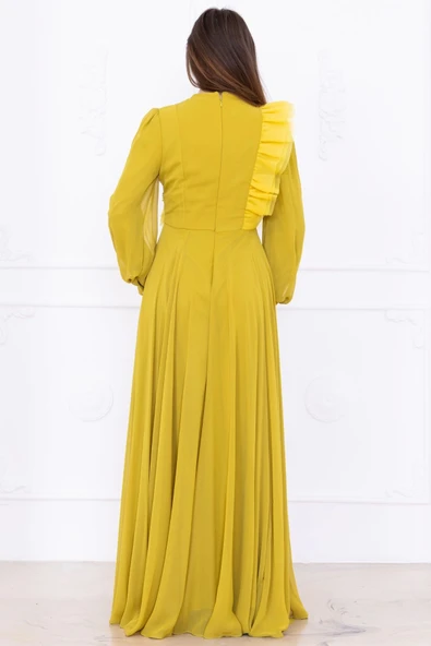 Asimetrik Fırfır Detaylı Şifon Abiye Elbise 2722-Yağ Yeşili - 7