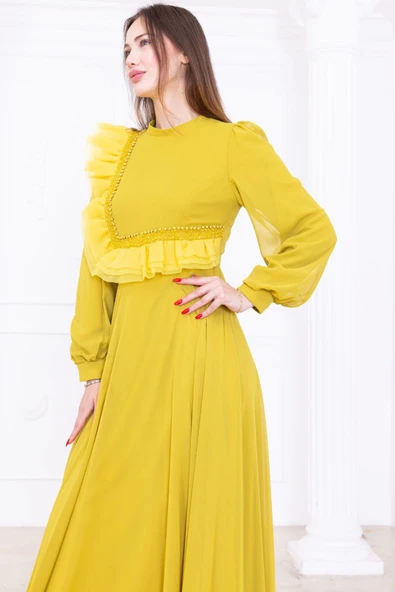 Asimetrik Fırfır Detaylı Şifon Abiye Elbise 2722-Yağ Yeşili - 6