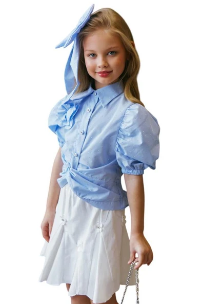 Kız Çocuk Balon Kol Üzeri Boydan Taş İşleme Asimetrik Kesim Mavi Gömlek Çiçek Motifli Etekli Takım - 9