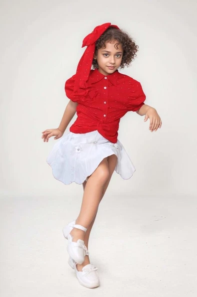 Kız Çocuk Balon Kol Üzeri Boydan Taş İşleme Asimetrik Kesim Kırmızı Gömlek Çiçek Motif Etekli Takım - Resim 6