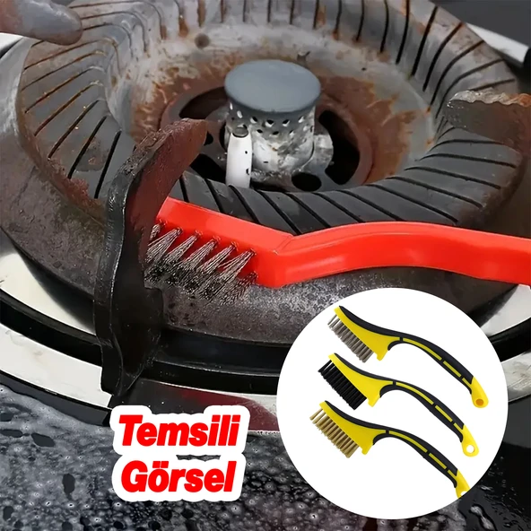 Plastik Saplı 3'lü Set Tel Fırça Metal Çok Amaçlı Temizleme Fırçası Kir Pas Kireç Mangal Izgara - 4