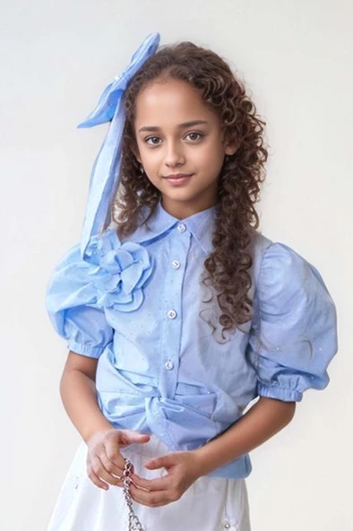 Kız Çocuk Balon Kol Üzeri Boydan Taş İşleme Asimetrik Kesim Mavi Gömlek Çiçek Motifli Etekli Takım - 6