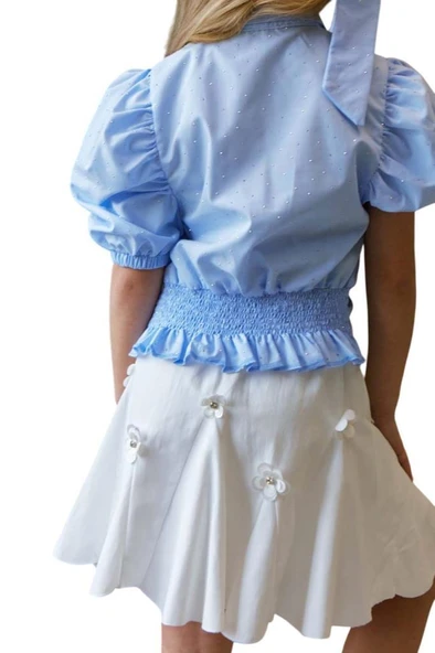 Kız Çocuk Balon Kol Üzeri Boydan Taş İşleme Asimetrik Kesim Mavi Gömlek Çiçek Motifli Etekli Takım - 8