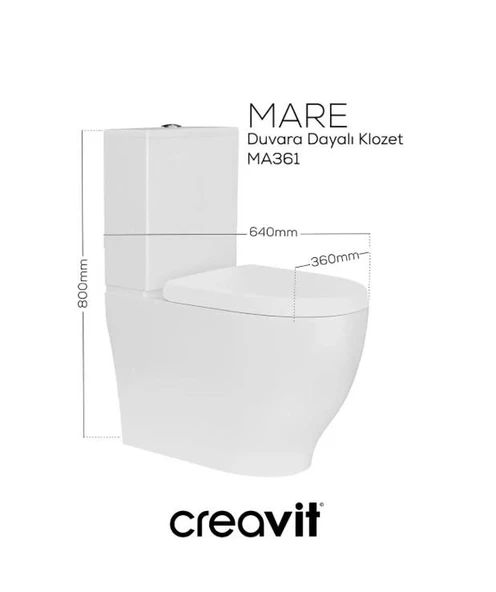 Creavit Mare Duvara Sıfır Kanalsız Klozet + Rezervuar + Duroplast Kapak + Çift Basmalı İç Takım SET - 10