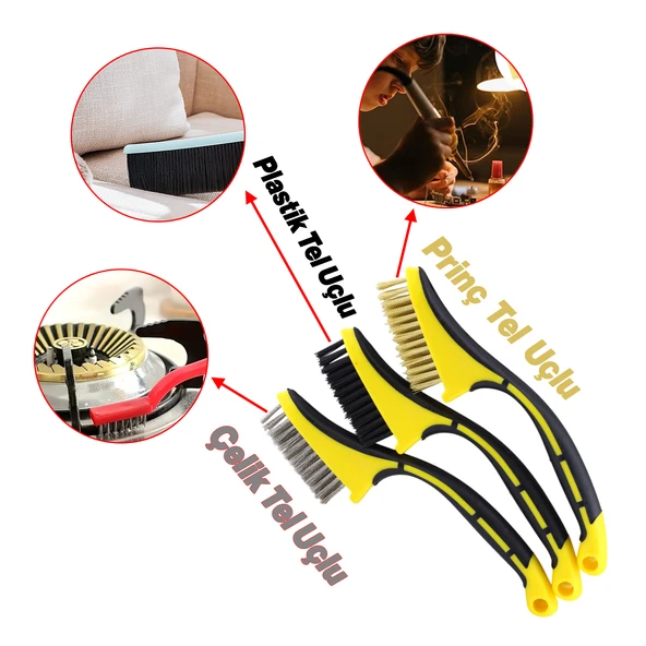 Plastik Saplı 3'lü Set Tel Fırça Metal Çok Amaçlı Temizleme Fırçası Kir Pas Kireç Mangal Izgara - 2