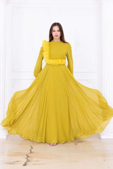 Asimetrik Fırfır Detaylı Şifon Abiye Elbise 2722-Yağ Yeşili - 2