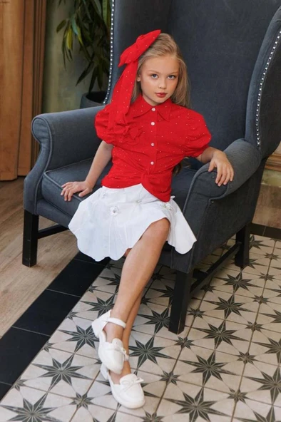 Kız Çocuk Balon Kol Üzeri Boydan Taş İşleme Asimetrik Kesim Kırmızı Gömlek Çiçek Motif Etekli Takım - Resim 2