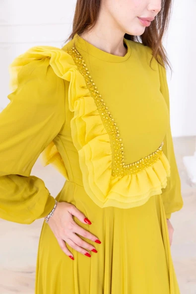 Asimetrik Fırfır Detaylı Şifon Abiye Elbise 2722-Yağ Yeşili - 4