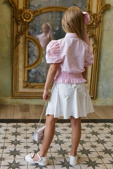 Kız Çocuk Balon Kol Üzeri Boydan Taş İşleme Asimetrik Kesim Pudra Gömlek Çiçek Motifli Etekli Takım - 12