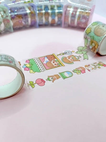 Fiyonk Çantalı Şirin Kız Ayı Tavşan Şeffaf Desenli Bant - Yeşil - Resim 3