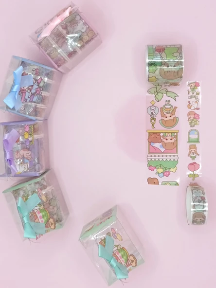 Fiyonk Çantalı Şirin Kız Ayı Tavşan Şeffaf Desenli Bant - Yeşil - Resim 5