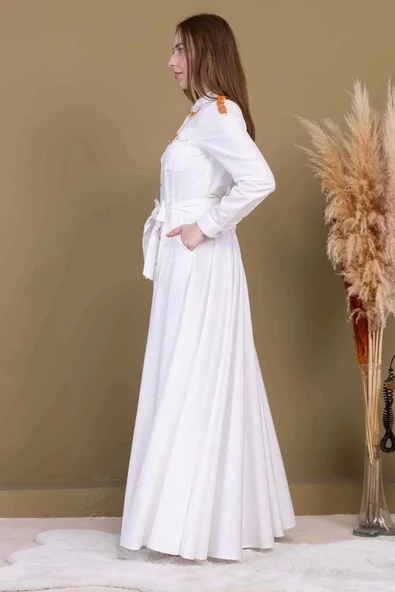 Bağlama Detaylı Boncuk İşlemeli Poplin Elbise 2723-Beyaz - Resim 7