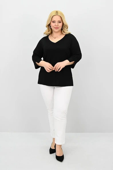 Kadın Büyük Beden Bantlı V yaka Bluz 1919-25 - 5