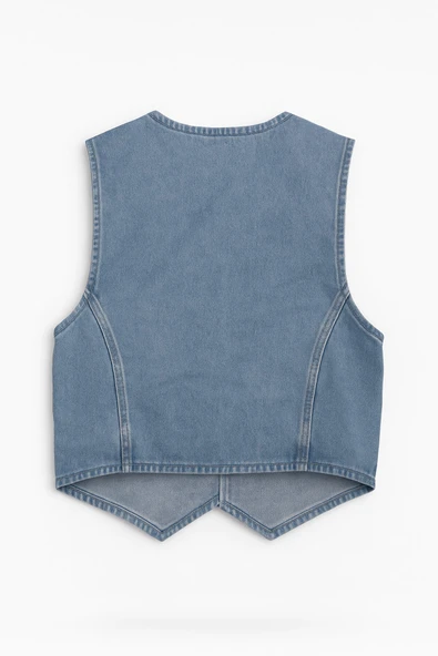 Kadın Cepli %100 Pamuk Açık Mavi Jean Yelek - 3