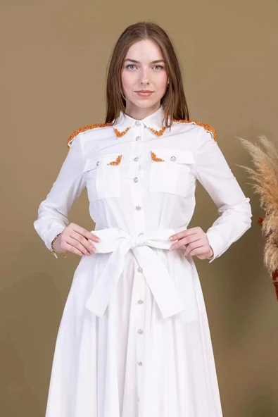 Bağlama Detaylı Boncuk İşlemeli Poplin Elbise 2723-Beyaz - Resim 3