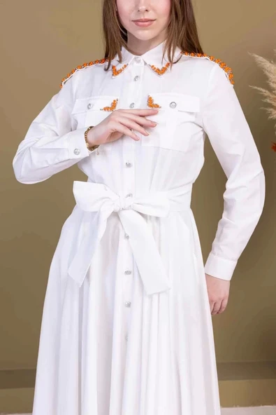 Bağlama Detaylı Boncuk İşlemeli Poplin Elbise 2723-Beyaz - Resim 5