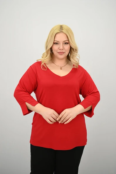 Kadın Büyük Beden Bantlı V yaka Bluz 1919-25 - 9