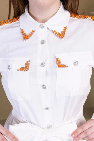 Bağlama Detaylı Boncuk İşlemeli Poplin Elbise 2723-Beyaz - Resim 4