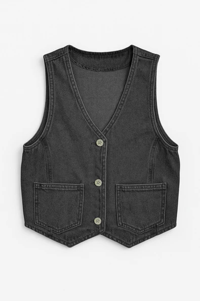 Kadın Cepli %100 Pamuk Açık Mavi Jean Yelek - 6