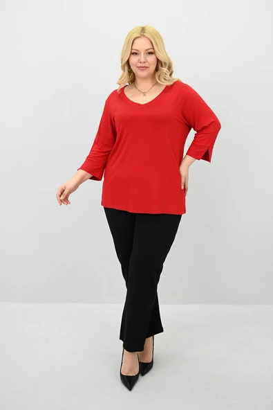 Kadın Büyük Beden Bantlı V yaka Bluz 1919-25 - 11