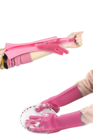 Tilbe Home Silikon Eldiven Bulaşık Yıkama Eldiveni Dayanıklı Kaymaz Tırtıklı Eldiven Fırın Mutfak Eldiveni - 3