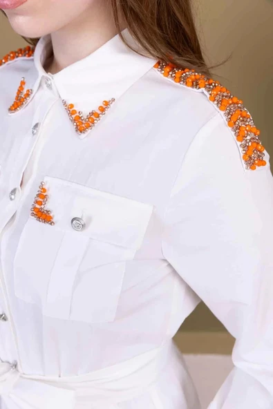 Bağlama Detaylı Boncuk İşlemeli Poplin Elbise 2723-Beyaz - Resim 6