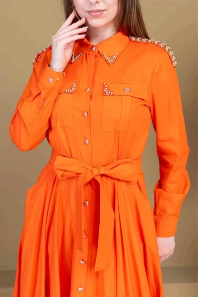 Bağlama Detaylı Boncuk İşlemeli Poplin Elbise 2723-Oranj - 4