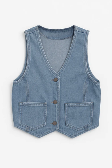 Kadın Cepli %100 Pamuk Açık Mavi Jean Yelek - 2