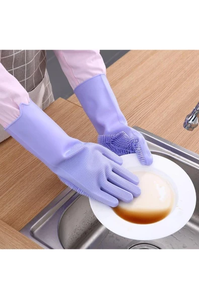 Tilbe Home Silikon Eldiven Bulaşık Yıkama Eldiveni Dayanıklı Kaymaz Tırtıklı Eldiven Fırın Mutfak Eldiveni - 4