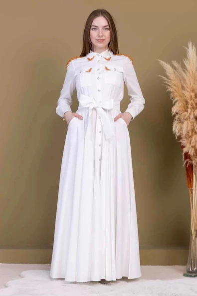 Bağlama Detaylı Boncuk İşlemeli Poplin Elbise 2723-Beyaz - Resim 2