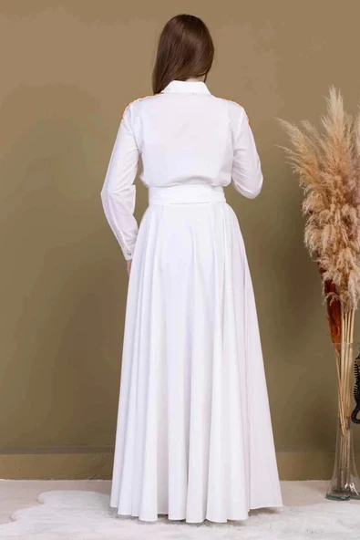 Bağlama Detaylı Boncuk İşlemeli Poplin Elbise 2723-Beyaz - Resim 8