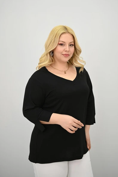 Kadın Büyük Beden Bantlı V yaka Bluz 1919-25 - 3