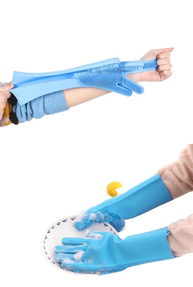 Tilbe Home Silikon Eldiven Bulaşık Yıkama Eldiveni Dayanıklı Kaymaz Tırtıklı Eldiven Fırın Mutfak Eldiveni - 4