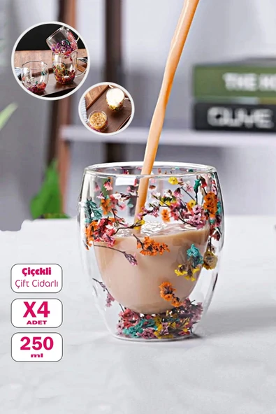 Madamev 4'lü Çift Cidarlı Çiçekli Bardak 250ml El Yapımı Flower Cup Borosilikat Çay Kahve Sunum Bardağı