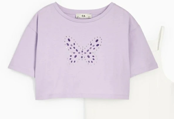 Kelebekli Taşlı Kız Çocuk Crop Set - 4