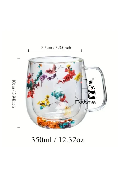 Madamev 4lü Çift Cidarlı Çiçekli Flower Cup Bardak 350 ml El Yapımı Borosilikat Kulplu Kahve Sunum Bardağı - 3