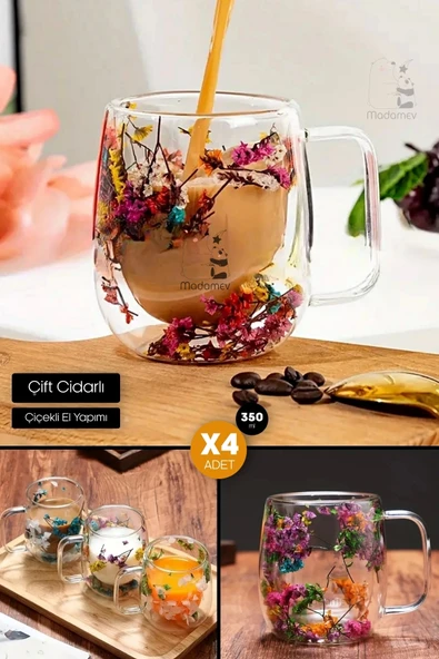Madamev 4lü Çift Cidarlı Çiçekli Flower Cup Bardak 350 ml El Yapımı Borosilikat Kulplu Kahve Sunum Bardağı