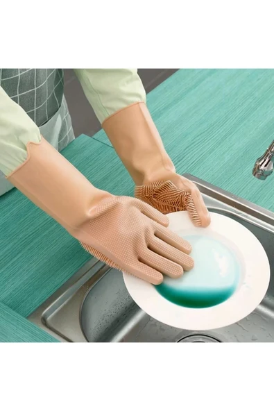 Tilbe Home 2'li Silikon Eldiven Bulaşık Yıkama Eldiveni Dayanıklı Kaymaz Tırtıklı Eldiven Fırın Mutfak Eldiveni - 4