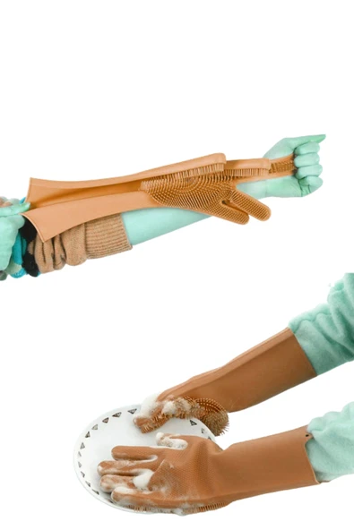 Tilbe Home 2'li Silikon Eldiven Bulaşık Yıkama Eldiveni Dayanıklı Kaymaz Tırtıklı Eldiven Fırın Mutfak Eldiveni - 5