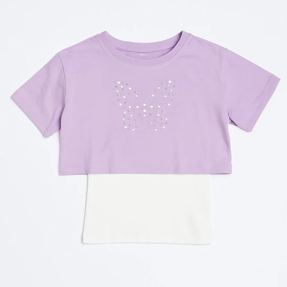 Kelebekli Taşlı Kız Çocuk Crop Set - 3