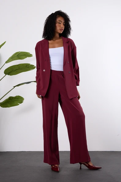 Bordo Regular Beli Lastikli Salaş Pantolon