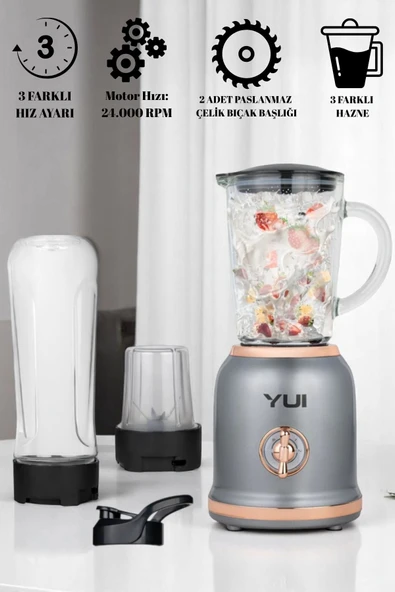 Yui Kişisel Blender Seti - M18 (450 ml Kulplu Cam Hazne, 600 ml Smoothie Bardağı, 180 ml Kahve Öğütücü)