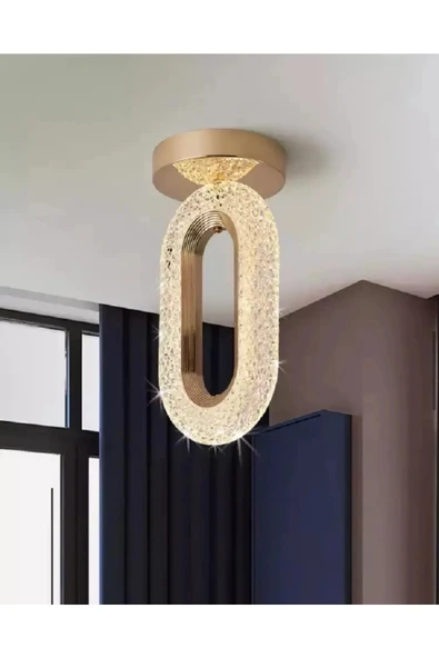 Alfa Kristal Ledli Avize Tavana Sıfır Gold Sarı Gövde 3 Renk Modu Koridor yatak Odası Çocuk Odası