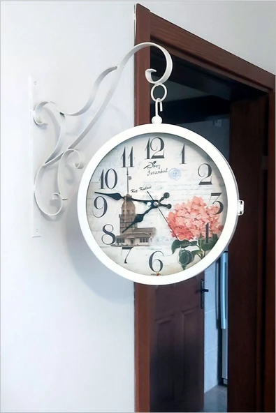 Büyük Beyaz 45 cm Çift İki Taraflı Yönlü İstasyon Yatay Kapaklı Camlı Çelik Metal Sessiz Duvar Saati - Resim 3