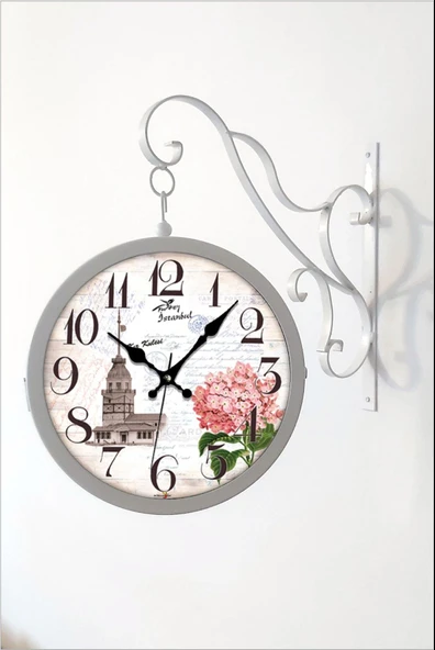 Büyük Beyaz 45 cm Çift İki Taraflı Yönlü İstasyon Yatay Kapaklı Camlı Çelik Metal Sessiz Duvar Saati - Resim 2