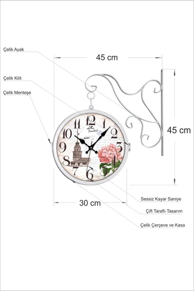 Büyük Beyaz 45 cm Çift İki Taraflı Yönlü İstasyon Yatay Kapaklı Camlı Çelik Metal Sessiz Duvar Saati - Resim 4