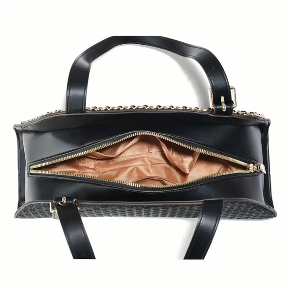 Kadın Siyah Lüks Dokuma Izgara Omuz ve El Çantası - 2