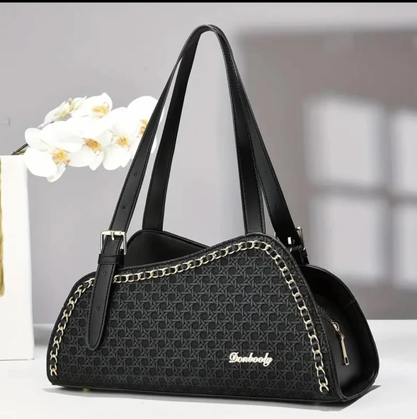 Kadın Siyah Lüks Dokuma Izgara Omuz ve El Çantası