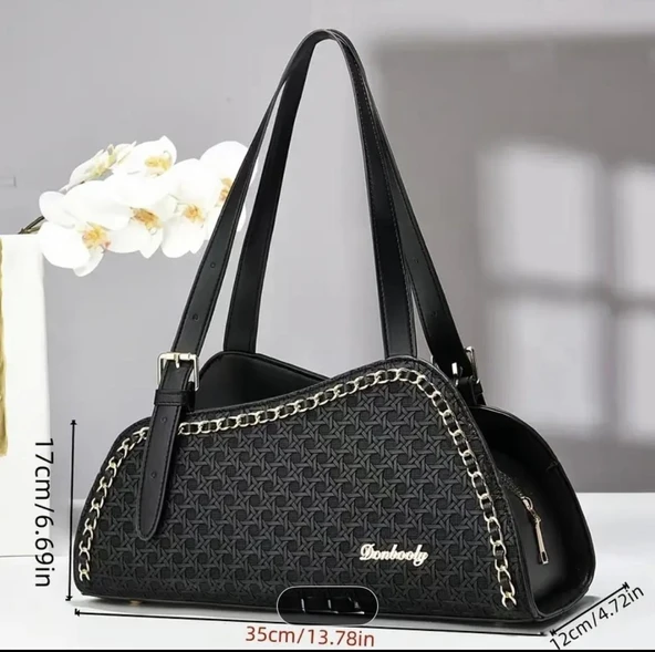 Kadın Siyah Lüks Dokuma Izgara Omuz ve El Çantası - 3